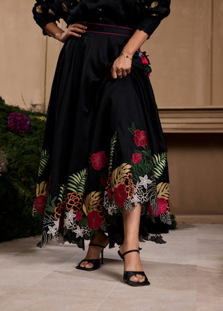 Black 3d floral kimono shirt and skirt