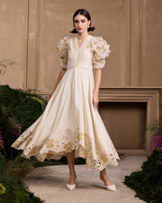 Ivory & gold pleated embroidered flounce dress