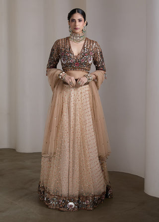 Beige jewel tone patchwork embroidered lehenga set