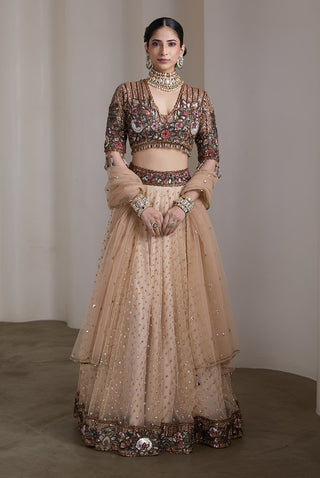 Beige jewel tone patchwork embroidered lehenga set