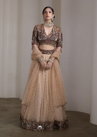 Beige jewel tone patchwork embroidered lehenga set