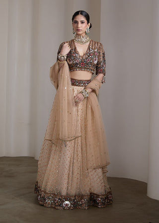 Beige jewel tone patchwork embroidered lehenga set