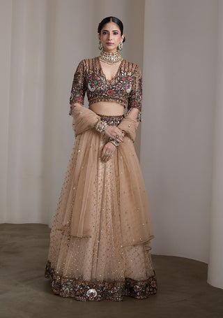 Beige jewel tone patchwork embroidered lehenga set