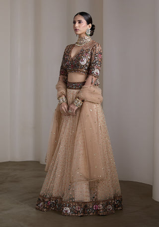 Beige jewel tone patchwork embroidered lehenga set