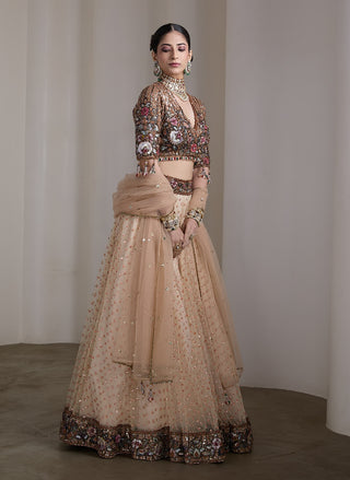Beige jewel tone patchwork embroidered lehenga set