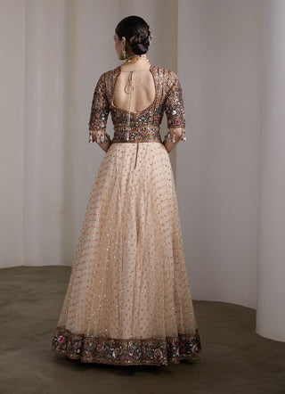Beige jewel tone patchwork embroidered lehenga set