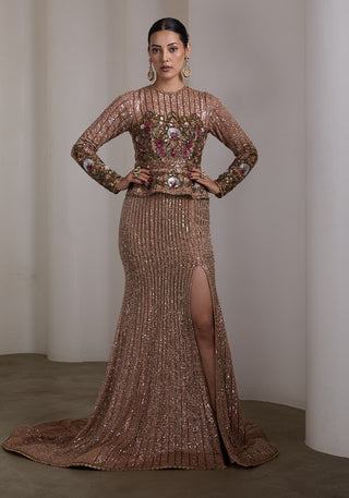 Jewel tone peplum embroidered gown