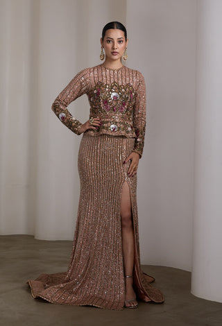 Jewel tone peplum embroidered gown
