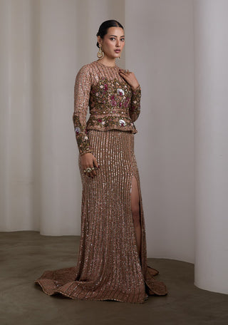 Jewel tone peplum embroidered gown