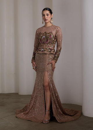 Jewel tone peplum embroidered gown