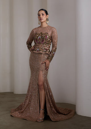 Jewel tone peplum embroidered gown
