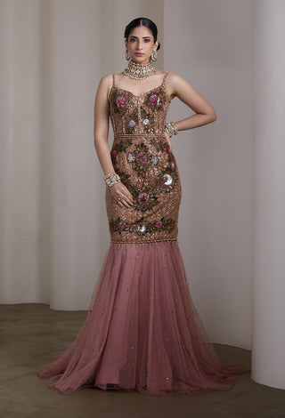 Pink floral embroidered flared gown