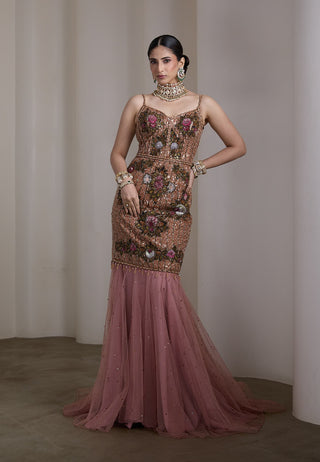 Pink floral embroidered flared gown