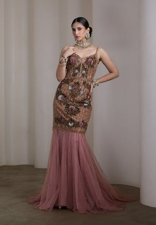 Pink floral embroidered flared gown
