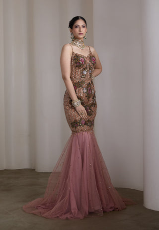 Pink floral embroidered flared gown