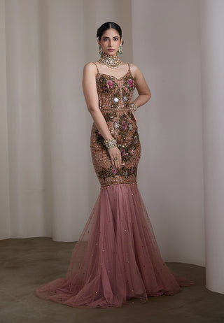 Pink floral embroidered flared gown
