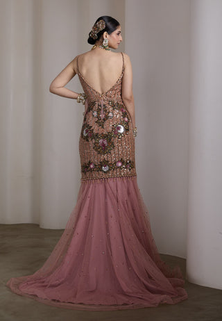 Pink floral embroidered flared gown