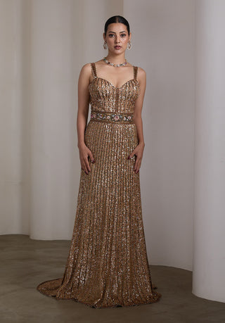 Gold vertical sequin patchwork gown