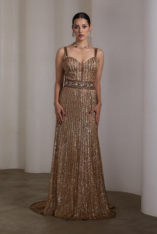 Gold vertical sequin patchwork gown