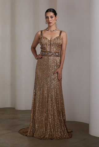 Gold vertical sequin patchwork gown