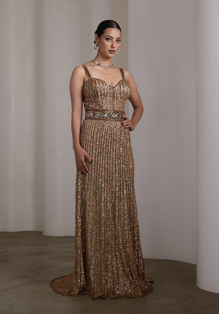 Gold vertical sequin patchwork gown