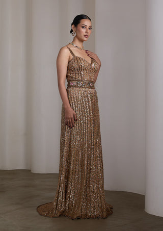 Gold vertical sequin patchwork gown