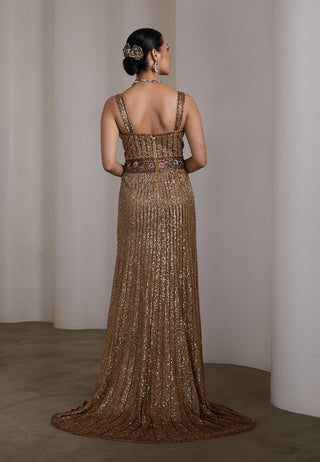 Gold vertical sequin patchwork gown