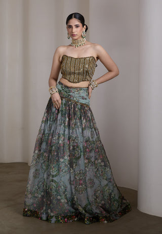 Blue paisley floral printed lehenga and blouse