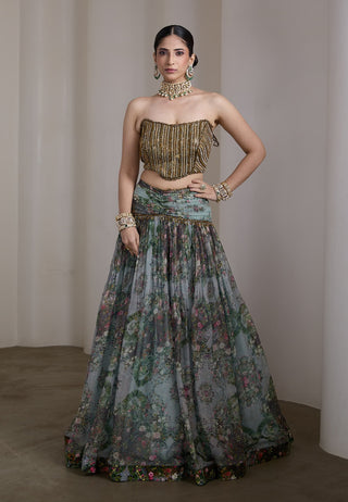 Blue paisley floral printed lehenga and blouse