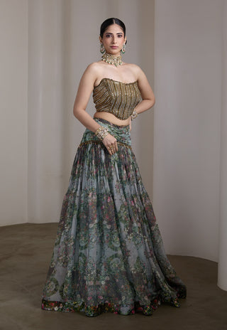 Blue paisley floral printed lehenga and blouse
