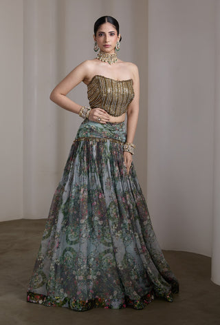 Blue paisley floral printed lehenga and blouse
