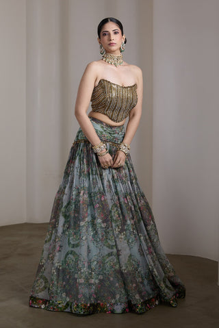 Blue paisley floral printed lehenga and blouse