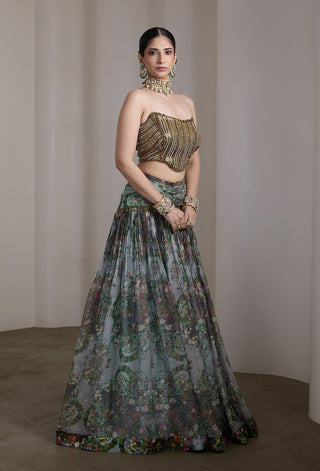 Blue paisley floral printed lehenga and blouse