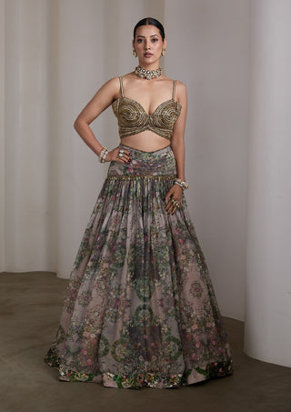 Beige paisley floral printed lehenga and blouse