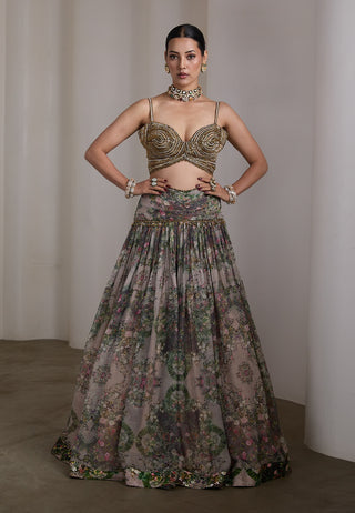 Beige paisley floral printed lehenga and blouse