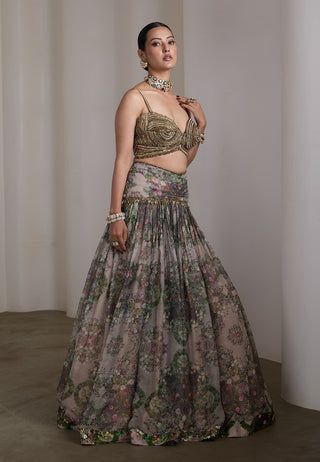Beige paisley floral printed lehenga and blouse