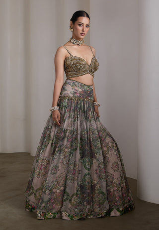 Beige paisley floral printed lehenga and blouse