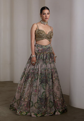 Beige paisley floral printed lehenga and blouse