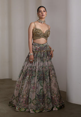 Beige paisley floral printed lehenga and blouse