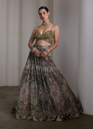 Beige paisley floral printed lehenga and blouse