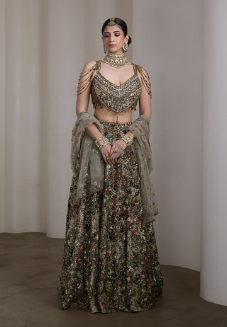 Velvet floral patchwork embroidered lehenga set