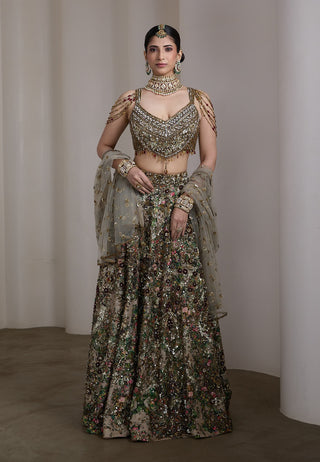 Velvet floral patchwork embroidered lehenga set