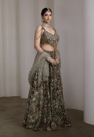 Velvet floral patchwork embroidered lehenga set