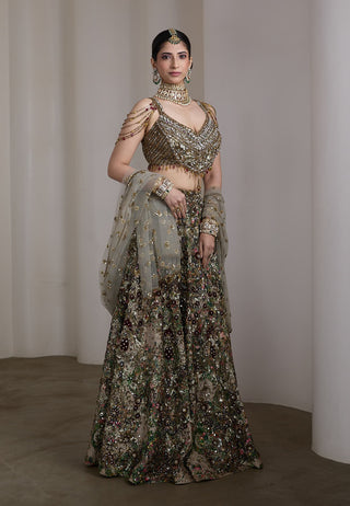 Velvet floral patchwork embroidered lehenga set