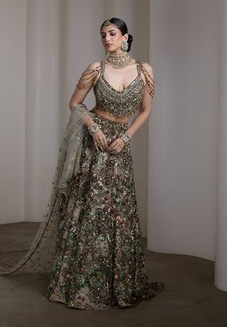 Velvet floral patchwork embroidered lehenga set