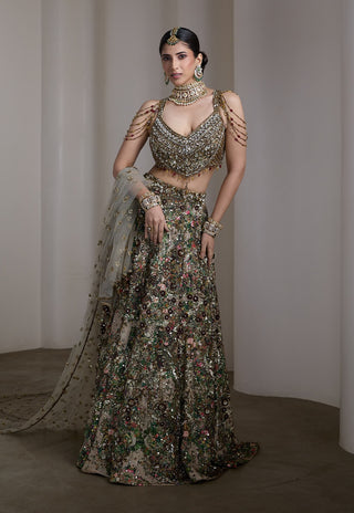 Velvet floral patchwork embroidered lehenga set