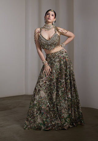 Velvet floral patchwork embroidered lehenga set