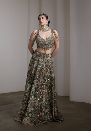 Velvet floral patchwork embroidered lehenga set