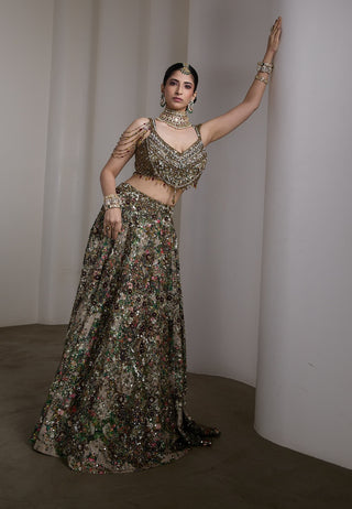 Velvet floral patchwork embroidered lehenga set