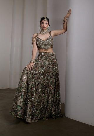 Velvet floral patchwork embroidered lehenga set